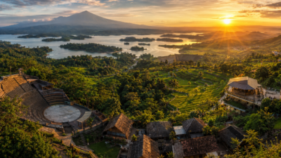 Ilustrasi Panorama destinasi wisata terbaik di Kabupaten Sumedang dengan Waduk Jatigede dan Gunung Tampomas