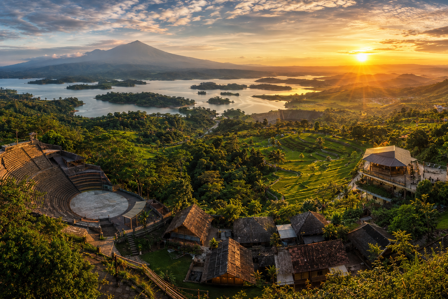Ilustrasi Panorama destinasi wisata terbaik di Kabupaten Sumedang dengan Waduk Jatigede dan Gunung Tampomas