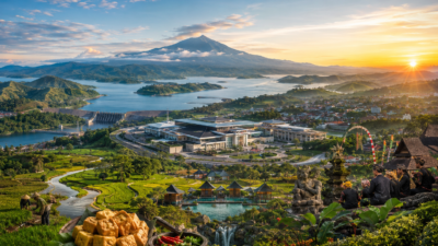 Ilustrasi Panorama Kabupaten Sumedang dengan Gunung Tampomas, Waduk Jatigede, dan pusat pemerintahan.