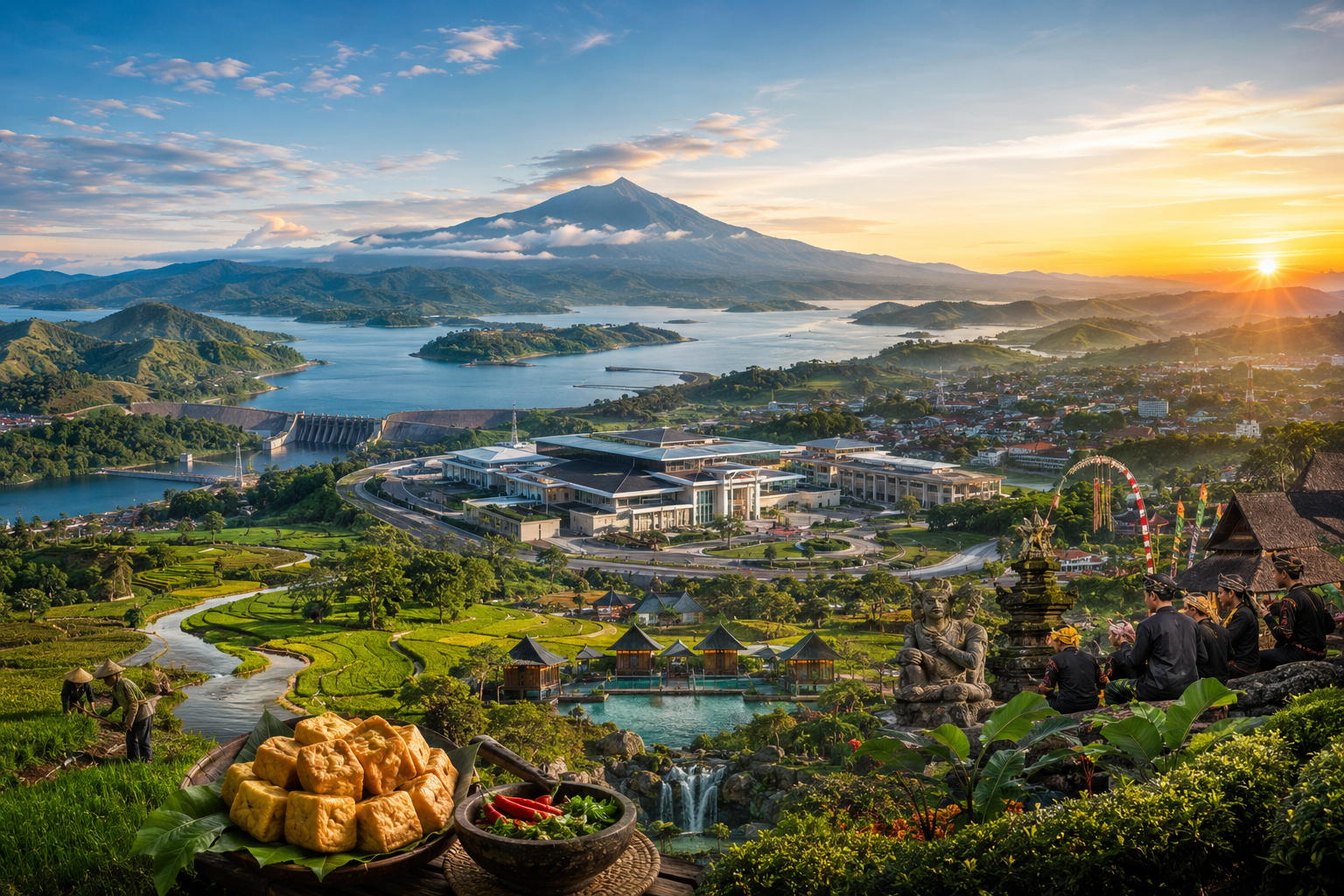 Ilustrasi Panorama Kabupaten Sumedang dengan Gunung Tampomas, Waduk Jatigede, dan pusat pemerintahan.