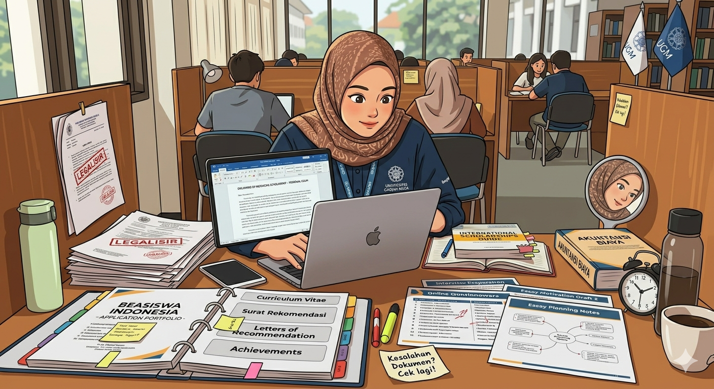 Ilustrasi Mahasiswa menyiapkan essay LPDP untuk seleksi beasiswa pendidikan