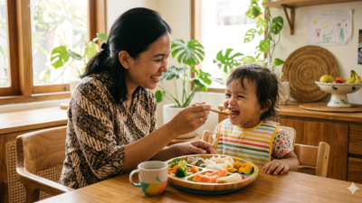 Ilustrasi Ibu memberikan makanan bergizi kepada anak sebagai upaya mencegah stunting