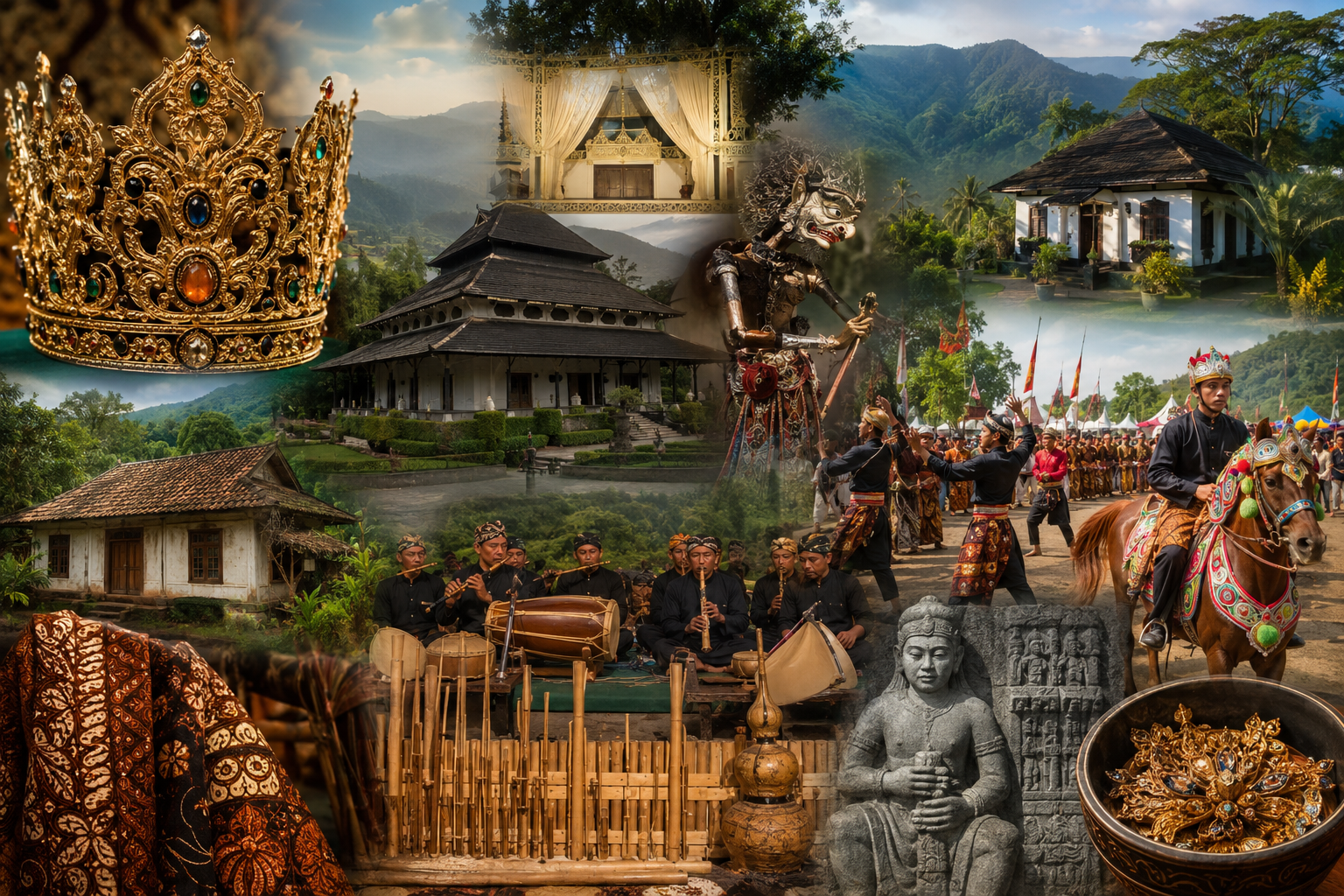 Ilustrasi Kolase warisan budaya Kabupaten Sumedang menampilkan Mahkota Binokasih, Tarawangsa, Keraton Sumedang Larang, dan tradisi Sunda.
